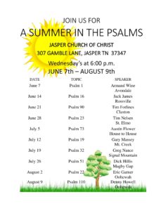 Join us for our Summer Series "A Summer in the Psalms." Wednesday night at 6:00 p.m.